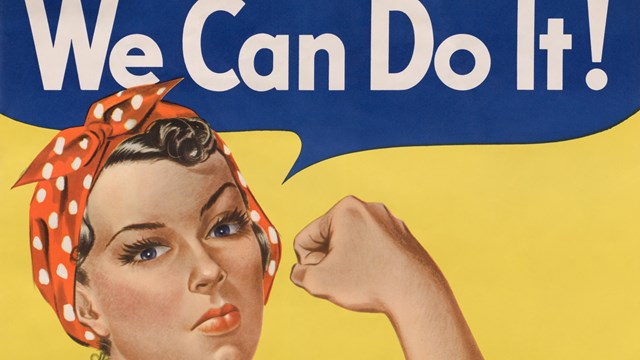 Woman flexing her muscle saying "We Can Do It!"